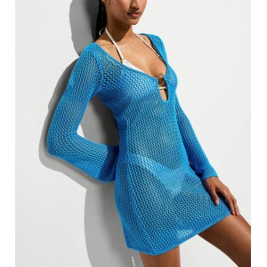 Пляжная туника Beachwear Crochet Long-Sleeve Mini Dress Skyline Blue