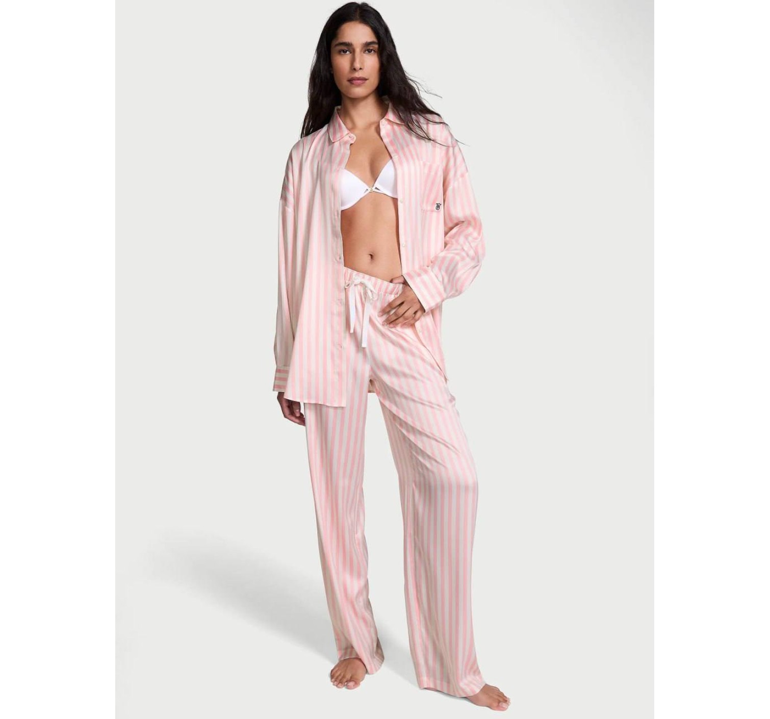 Сатиновая пижама Oversized Long Pajama Set Pretty Blossom Stripe
