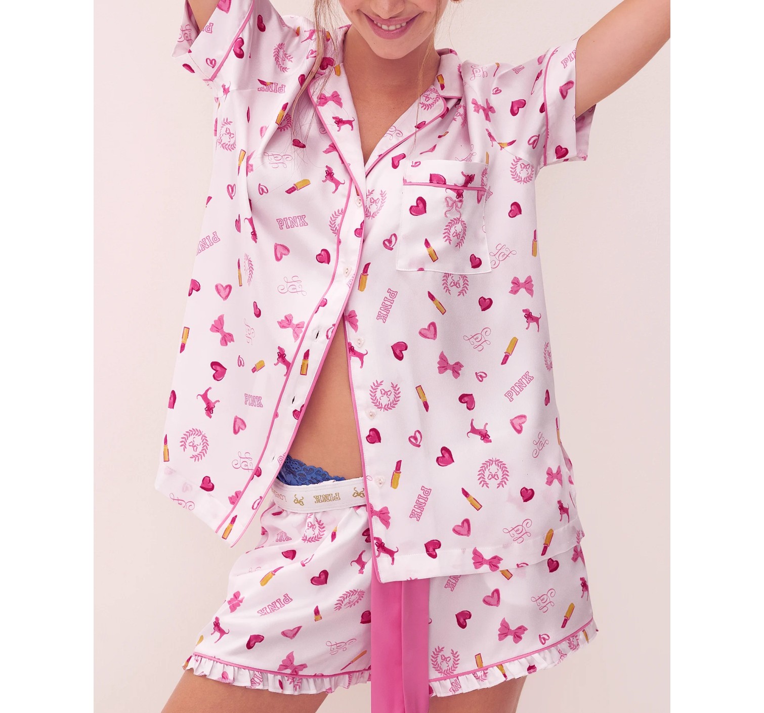 Пижама PINK x LoveShackFancy Satin Short Pajama Set