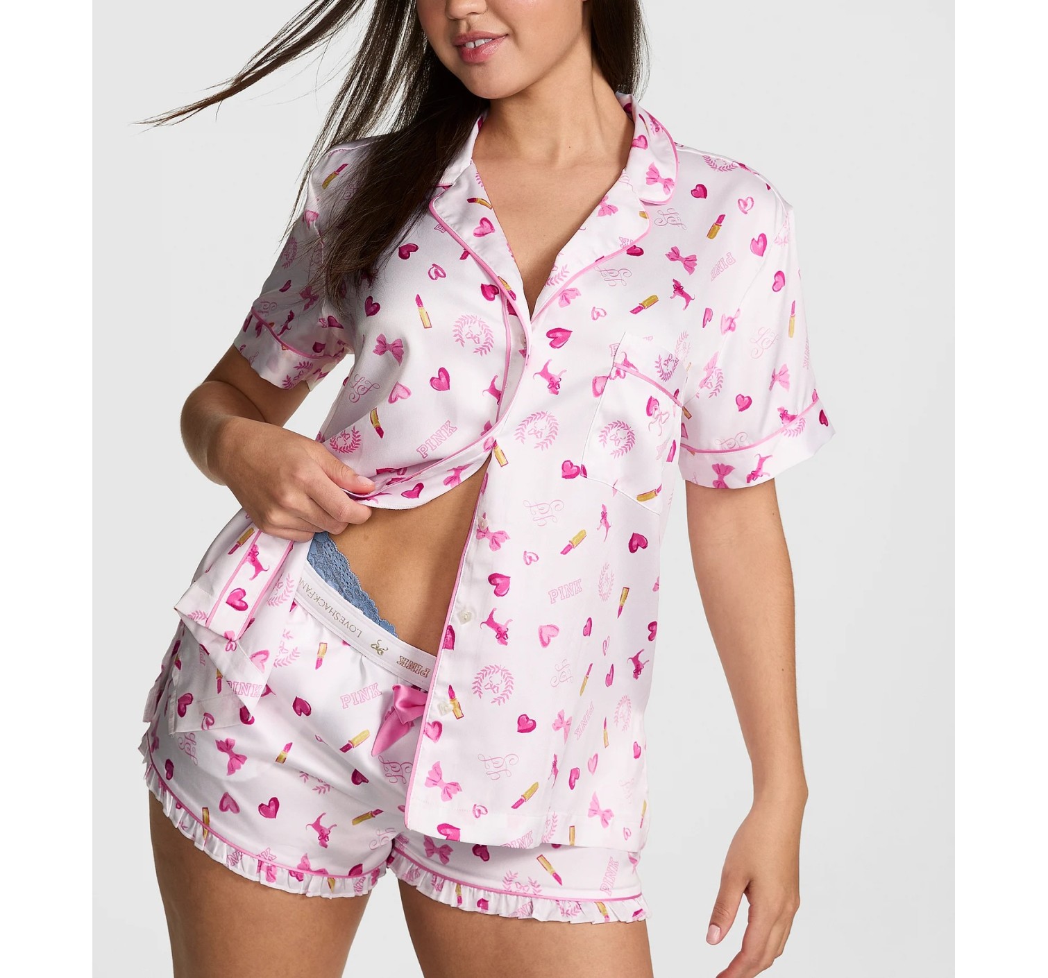 Пижама PINK x LoveShackFancy Satin Short Pajama Set