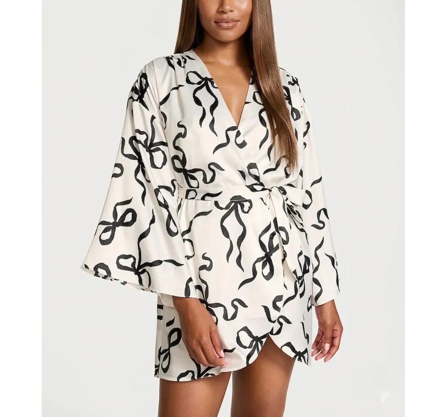 Халат Satin Short Robe White Black Bow