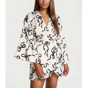 Халат Satin Short Robe White Black Bow