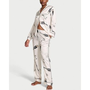 Пижама Glazed Satin Long Pajama Set Coconut White Champagne Bottles
