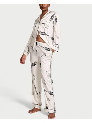 Піжама Glazed Satin Long Pajama Set Coconut White Champagne Bottles