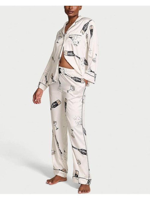 Піжама Glazed Satin Long Pajama Set Coconut White Champagne Bottles