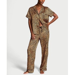 Пижама Glazed Satin Short-Sleeve Long Pajama Set Leopard