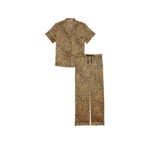 Пижама Glazed Satin Short-Sleeve Long Pajama Set Leopard