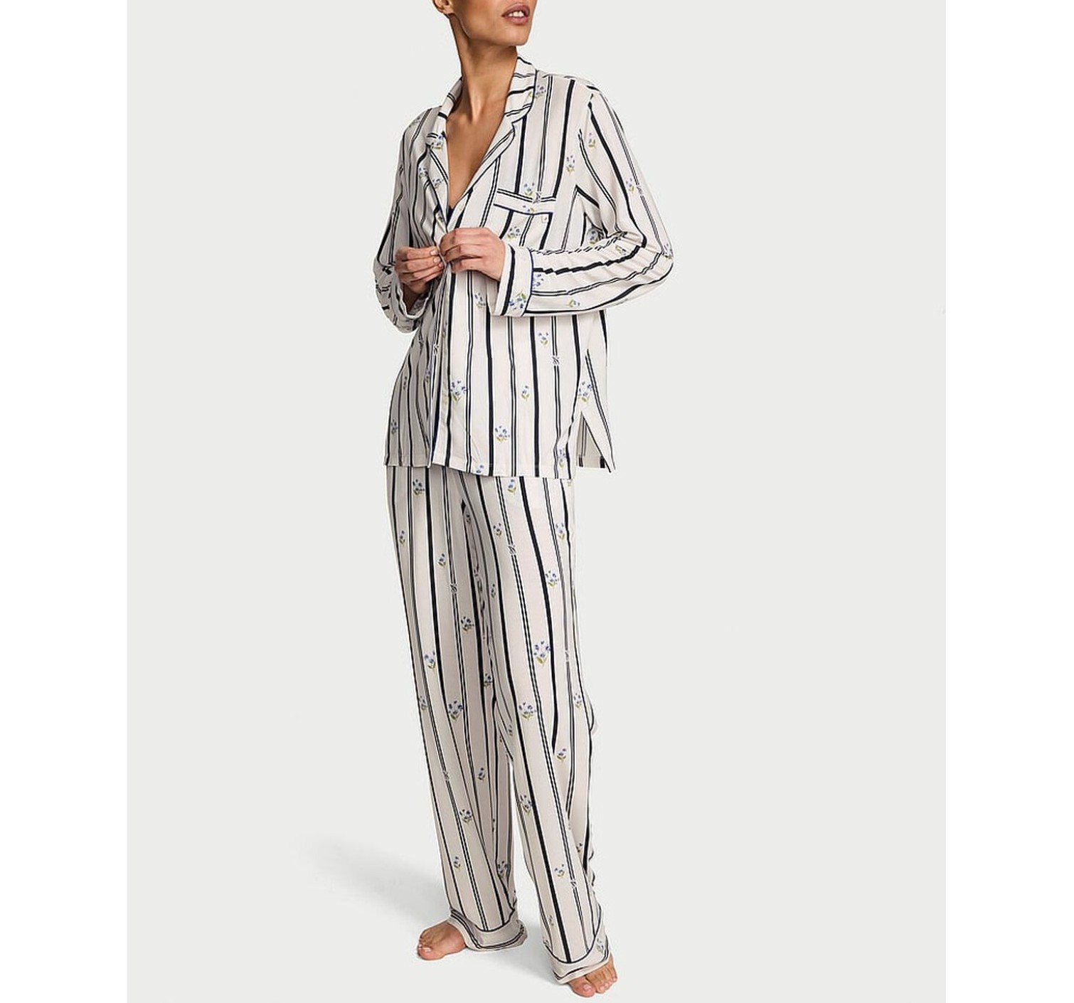 Пижама SoSoft Modal Long Pajama Set Coconut White Floral Stripes