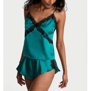 Піжама Satin Lace Trim Cami Flutter Short Set True Teal Blue 