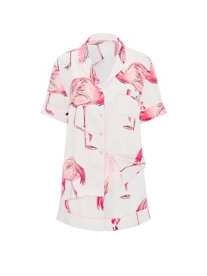 Пижама Signature Satin Short Pajama Set Coconut White Flamingos