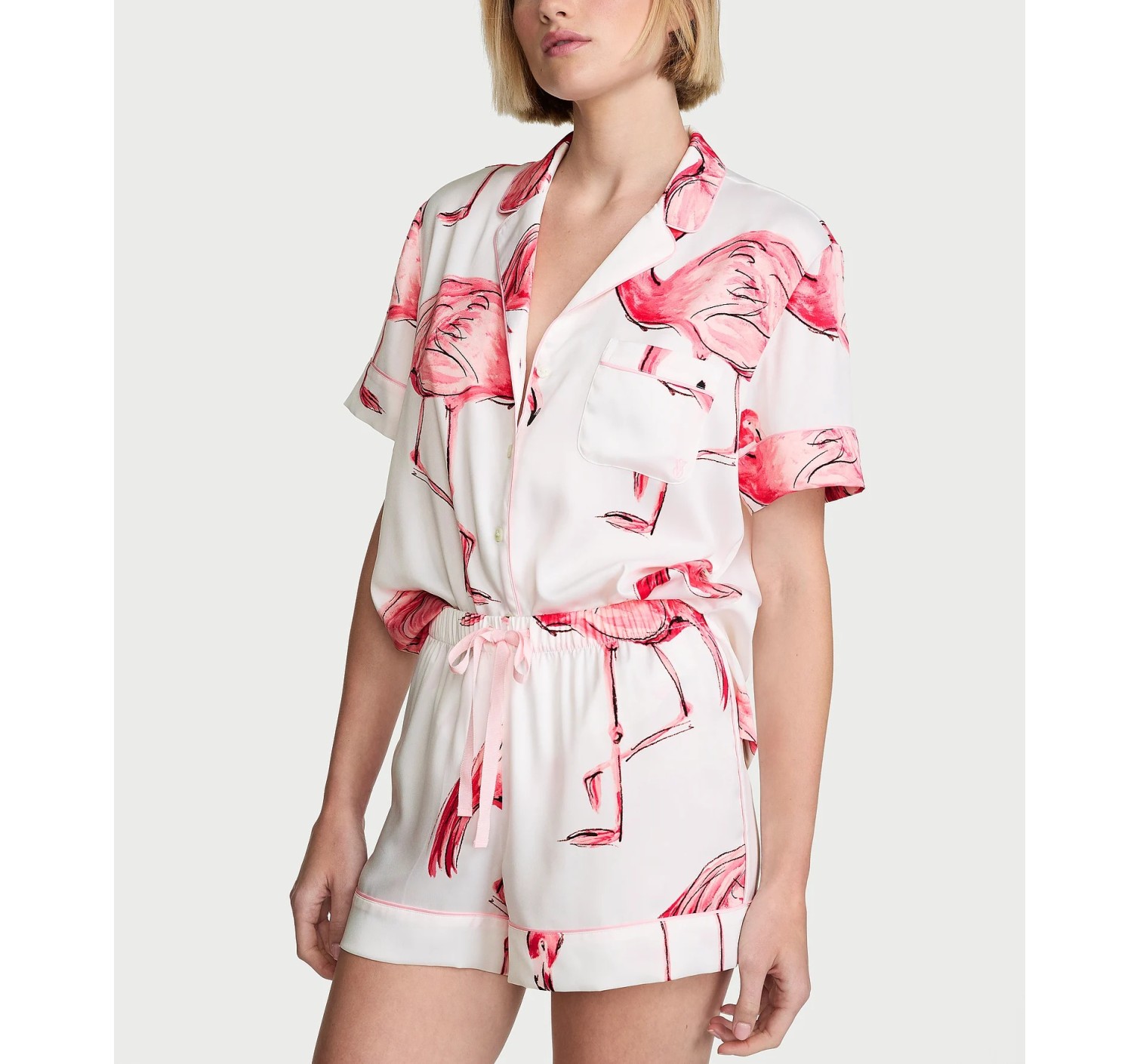 Пижама Signature Satin Short Pajama Set Coconut White Flamingos