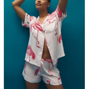 Пижама Signature Satin Short Pajama Set Coconut White Flamingos