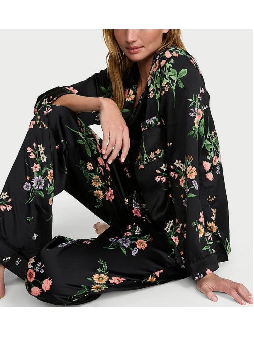 Піжама Signature Satin Long Pajama Set Black Botanical