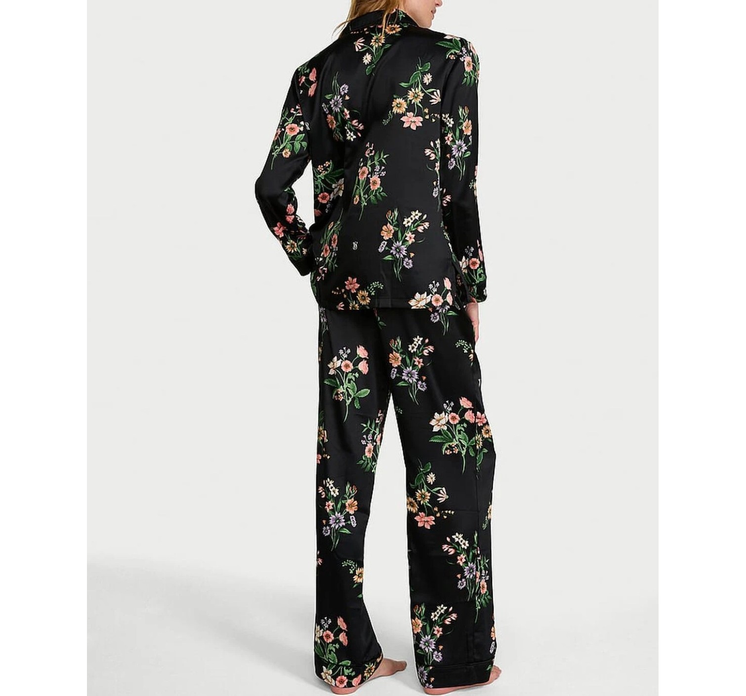 Пижама Signature Satin Long Pajama Set Black Botanical