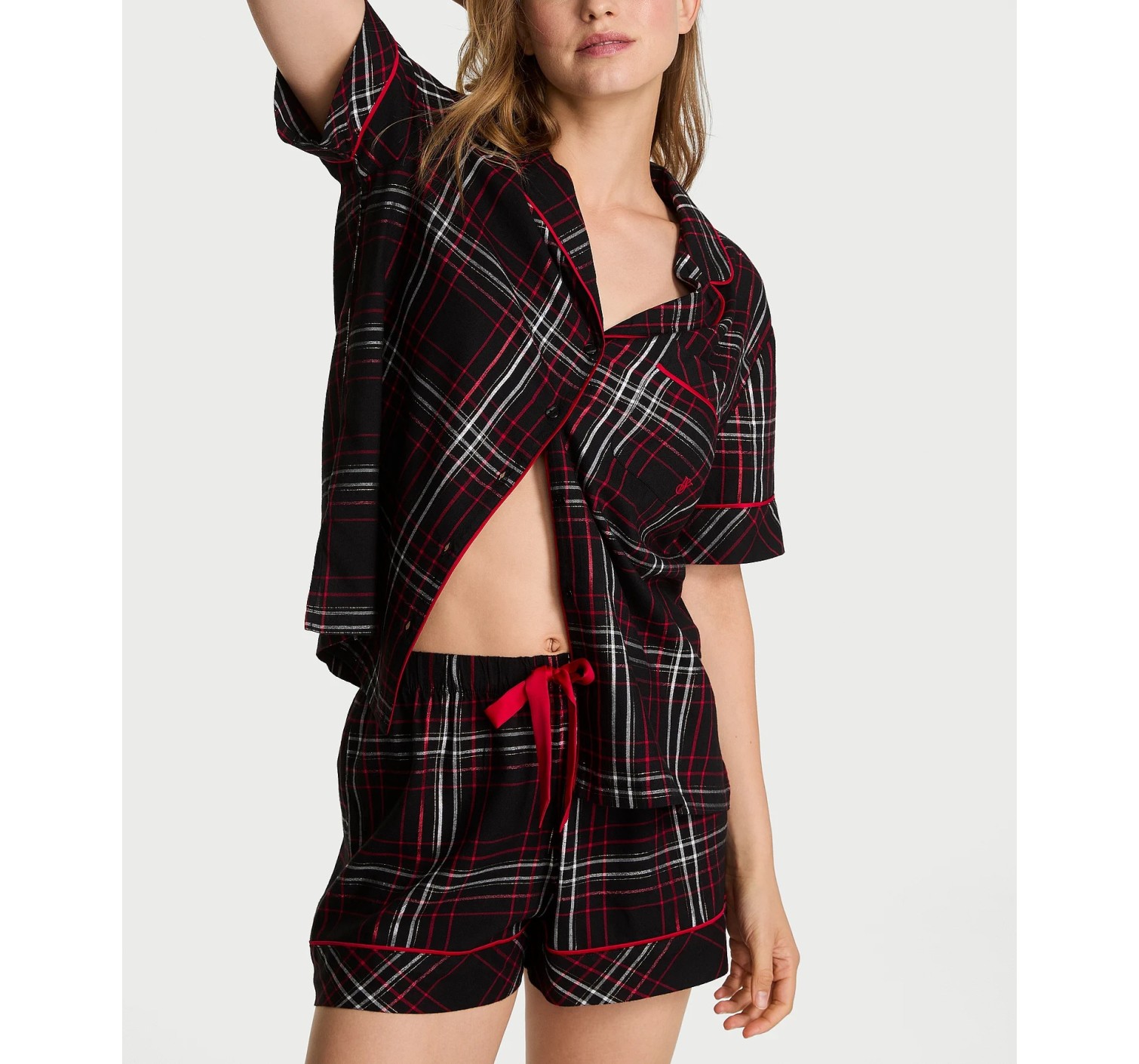 Пижама Flannel Short Pajama Set Black Red Plaid