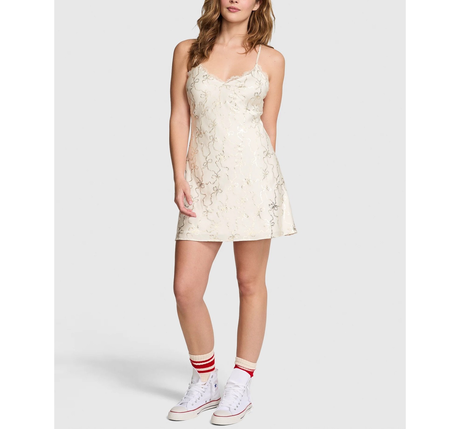 Пеньюар PINK x LoveShackFancy Satin Mini Dress Coconut White Bling Ribbon