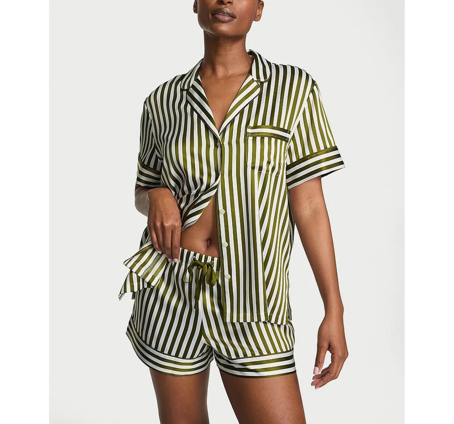 Пижама Glazed Satin Short Pajama Set Green Chamelon Stripe