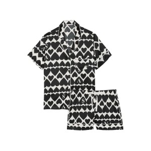 Піжама Satin Short Pyjama Set Coconut White & Black Hearts