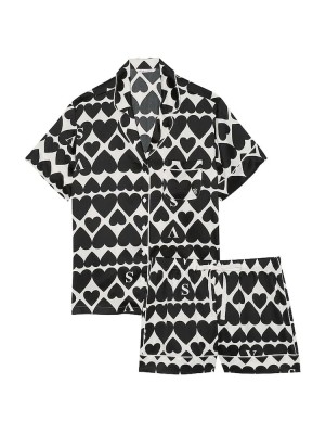 Пижама Satin Short Pyjama Set Coconut White & Black Hearts