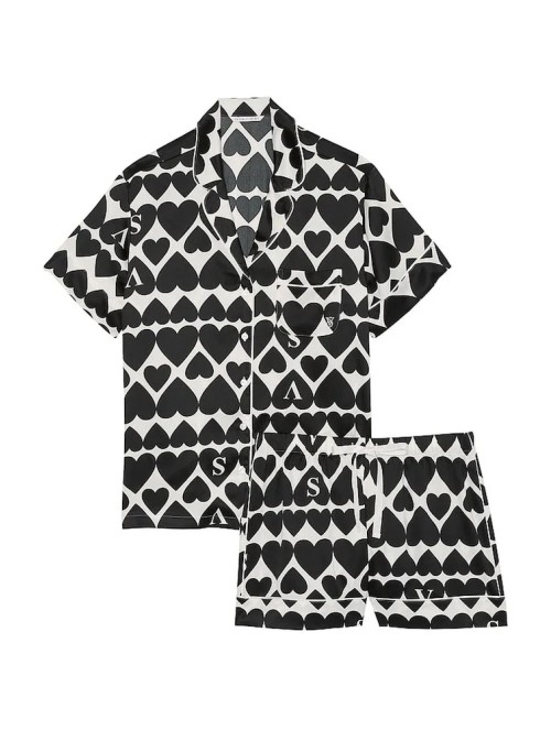 Піжама Satin Short Pyjama Set Coconut White & Black Hearts