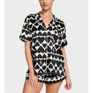 Піжама Satin Short Pyjama Set Coconut White & Black Hearts