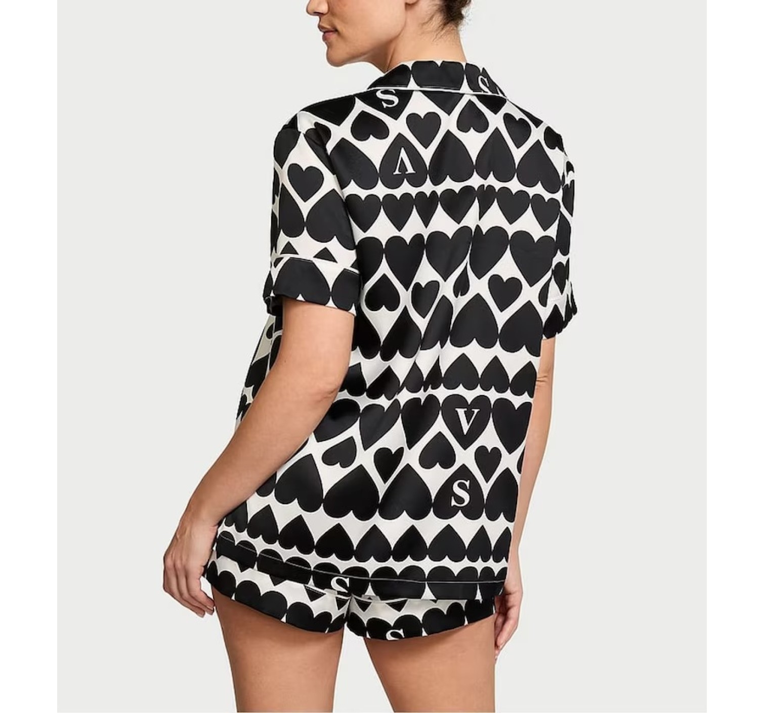 Піжама Satin Short Pyjama Set Coconut White & Black Hearts