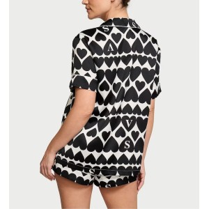 Піжама Satin Short Pyjama Set Coconut White & Black Hearts