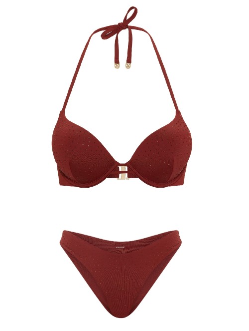 Купальник Bombshell Add-2-Cups Diamanté Push-Up Top Brazilian Bikini Bottom Dark Chili