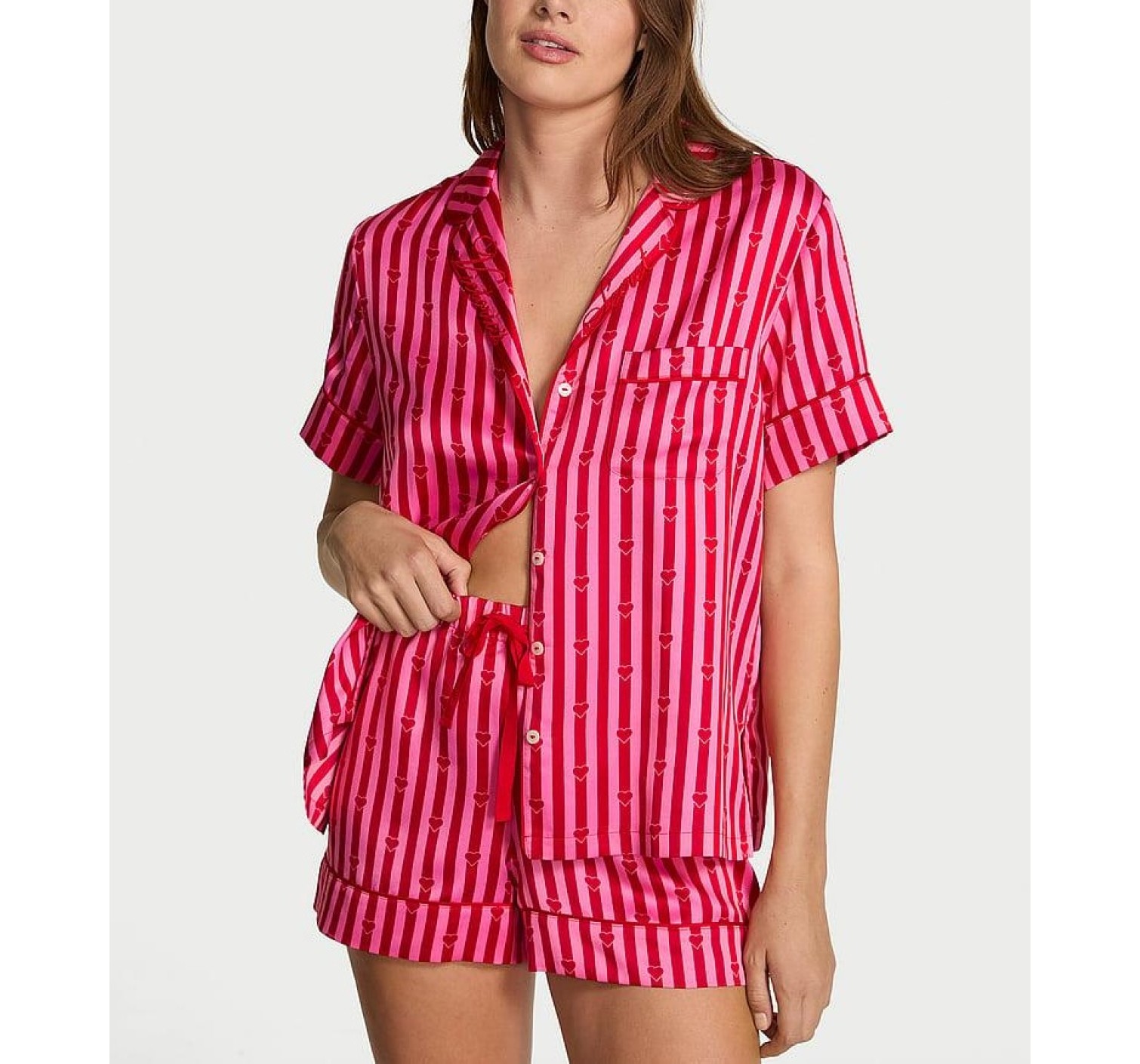 Пижама Glazed Satin Short Pajama Set Heart Stripes