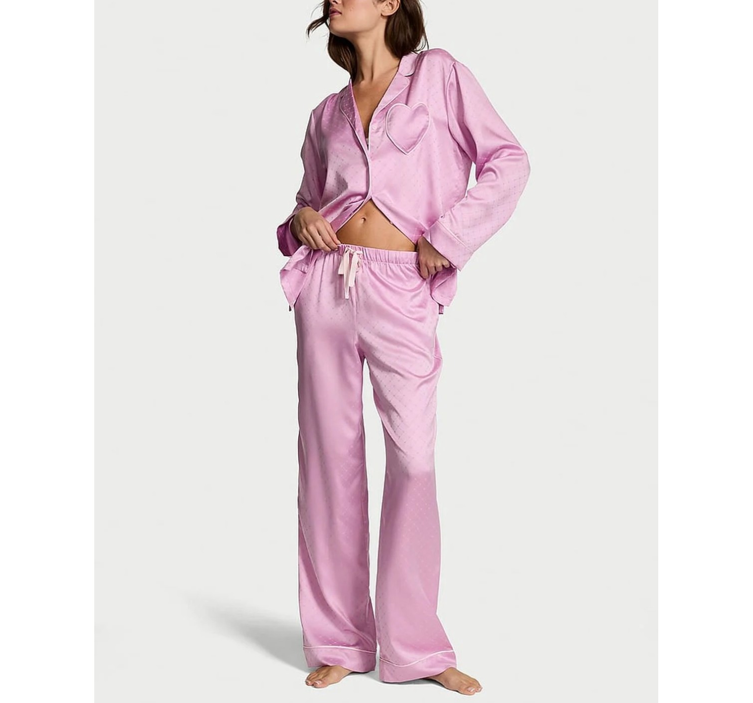 Пижама Glazed Satin Heart Long Pajama Set Bikini Pink Jacquard