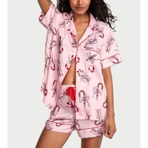 Піжама Glazed Satin Short Pajama Set Pink Bows