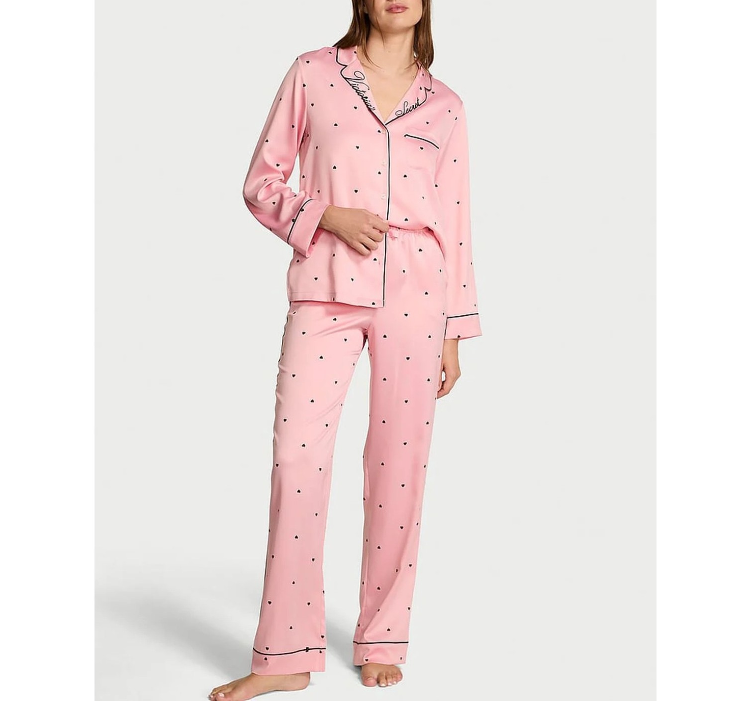 Піжама Glazed Satin Bow Short Pajama Set Pink with black hearts