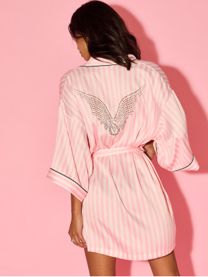 Сатиновый халат Victoria's Secret Backstage Satin Sparkle Short Robe Pink Stripe
