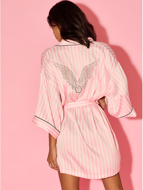 Сатиновый халат Victoria's Secret Backstage Satin Sparkle Short Robe Pink Stripe