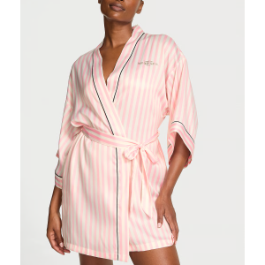 Сатиновый халат Victoria's Secret Backstage Satin Sparkle Short Robe Pink Stripe