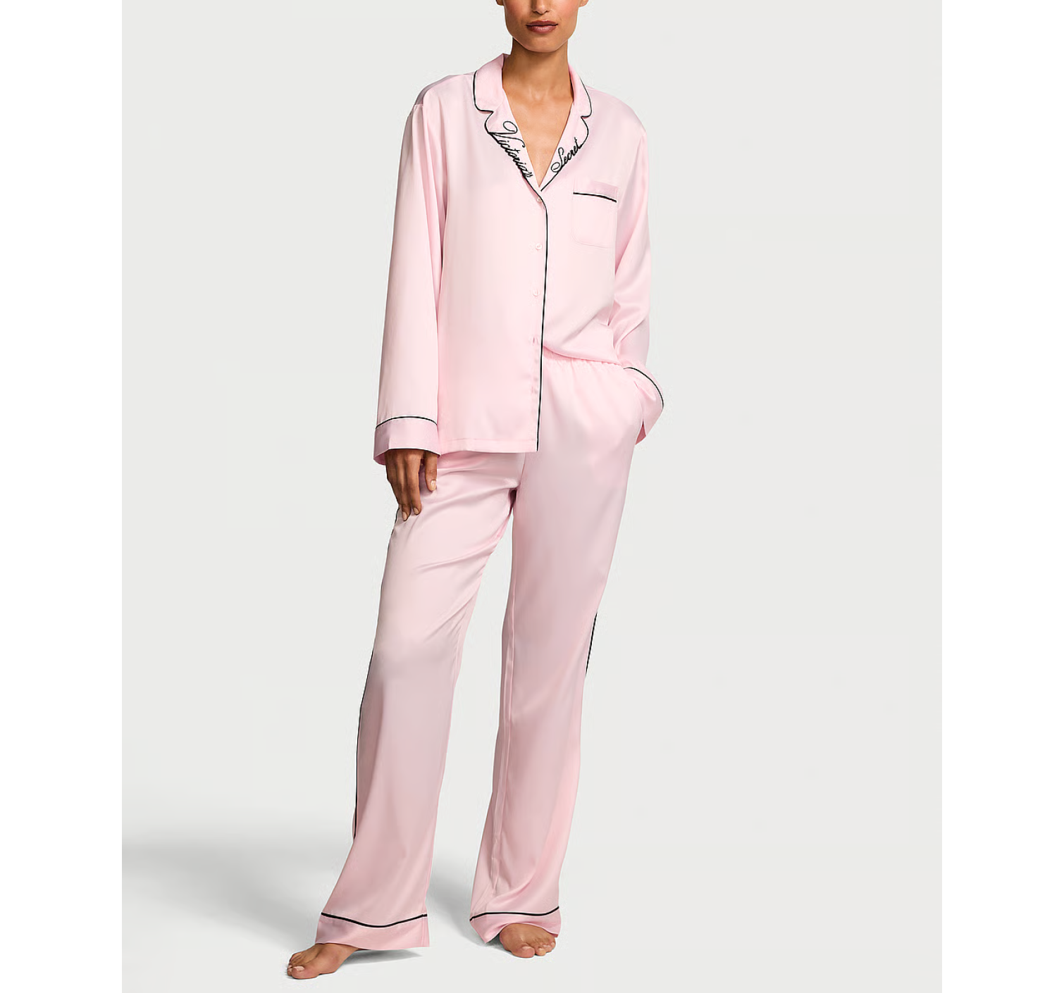 Сатинова піжама Glazed Satin Long Pajama Set Collar Embroidery