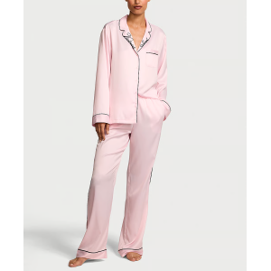 Сатинова піжама Glazed Satin Long Pajama Set Collar Embroidery