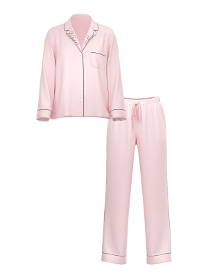 Сатинова піжама Glazed Satin Long Pajama Set Collar Embroidery