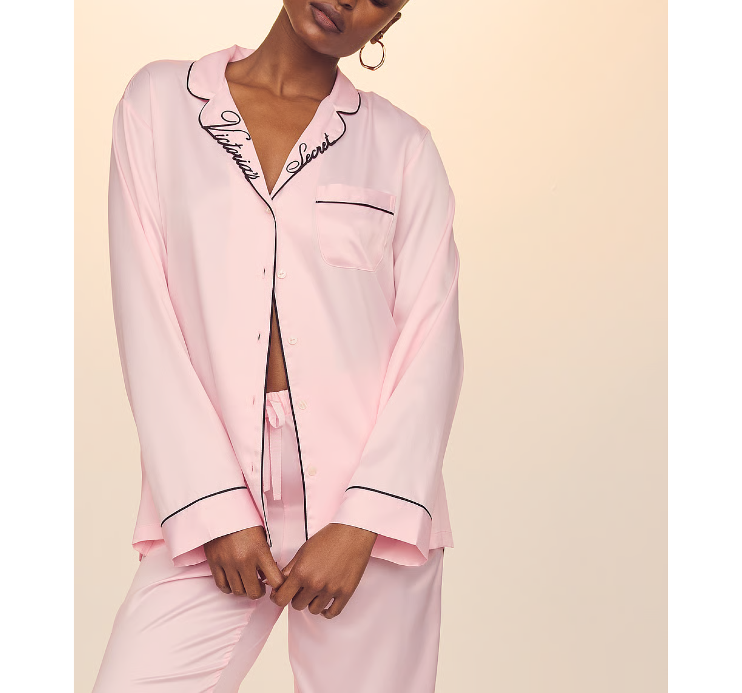 Сатинова піжама Glazed Satin Long Pajama Set Collar Embroidery
