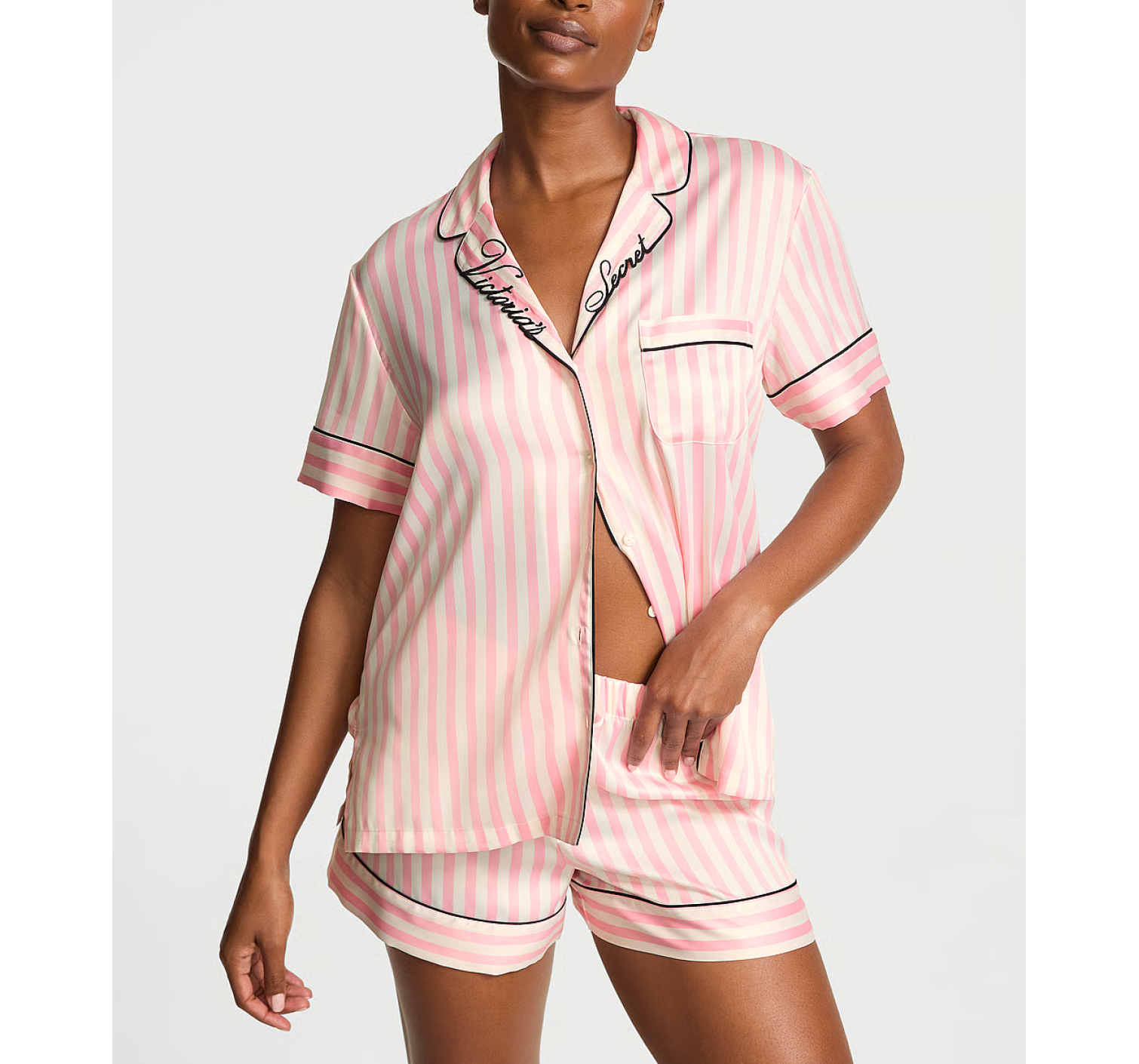 Сатиновая пижама Glazed Satin Short Pajama Set Pink Stripe