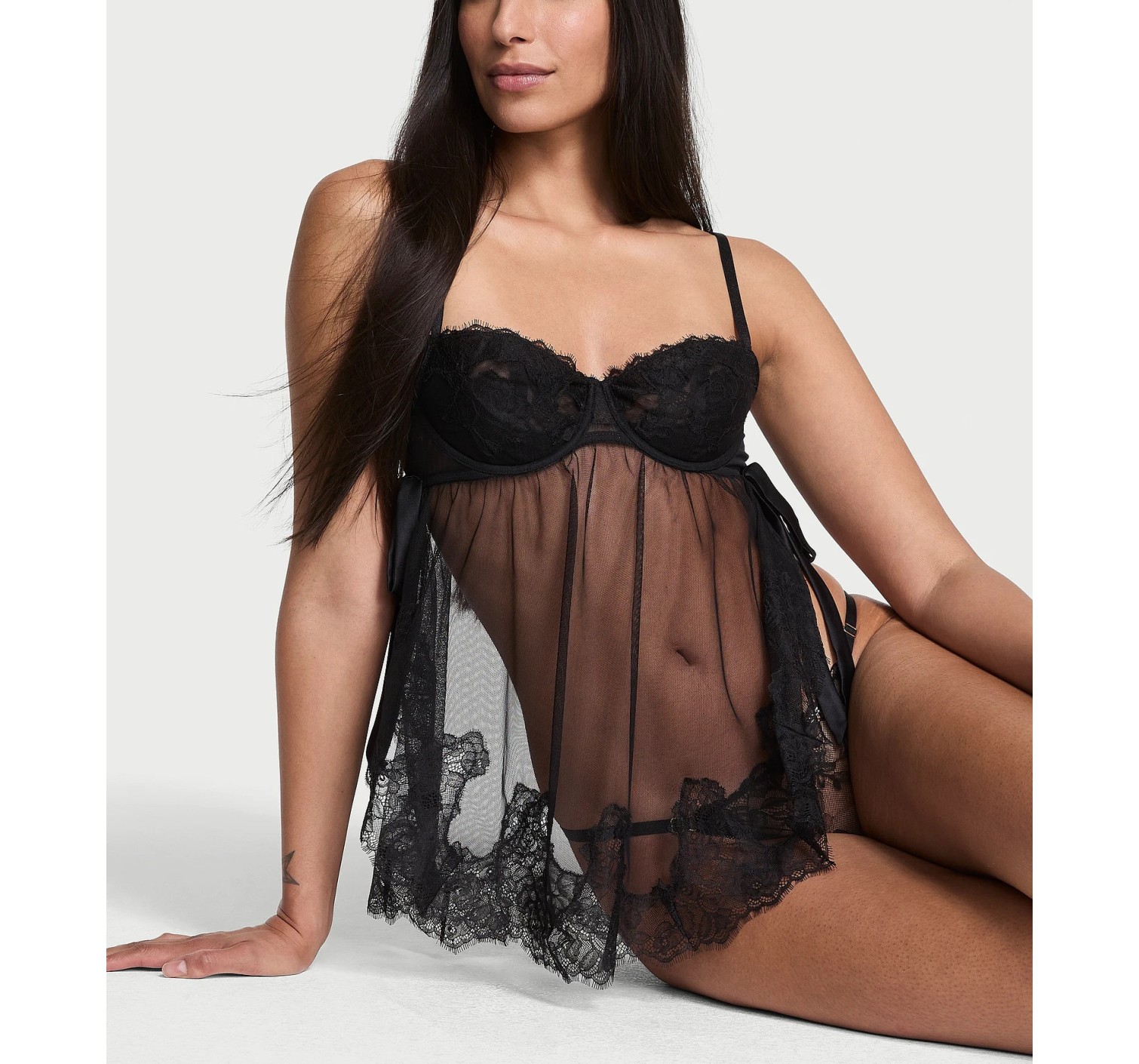 Пеньюар Wicked Sheer Unlined Lace-Trim Babydoll Set Black