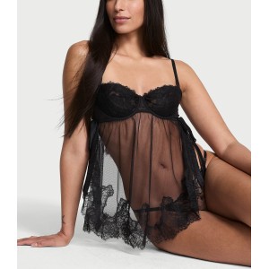 Пеньюар Wicked Sheer Unlined Lace-Trim Babydoll Set Black