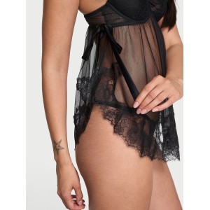 Пеньюар Wicked Sheer Unlined Lace-Trim Babydoll Set Black