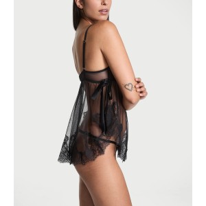 Пеньюар Wicked Sheer Unlined Lace-Trim Babydoll Set Black