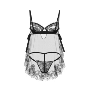 Пеньюар Wicked Sheer Unlined Lace-Trim Babydoll Set Black