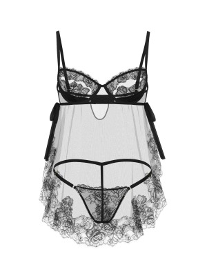 Пеньюар Wicked Sheer Unlined Lace-Trim Babydoll Set Black
