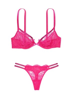 Комплект білизни Shine Strappy Unlined Lace Low-Cut Demi Bra Thong Set Hot Pink