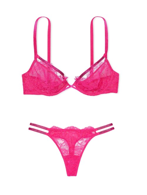 Комплект белья Shine Strappy Unlined Lace Low-Cut Demi Bra Thong Set Hot Pink