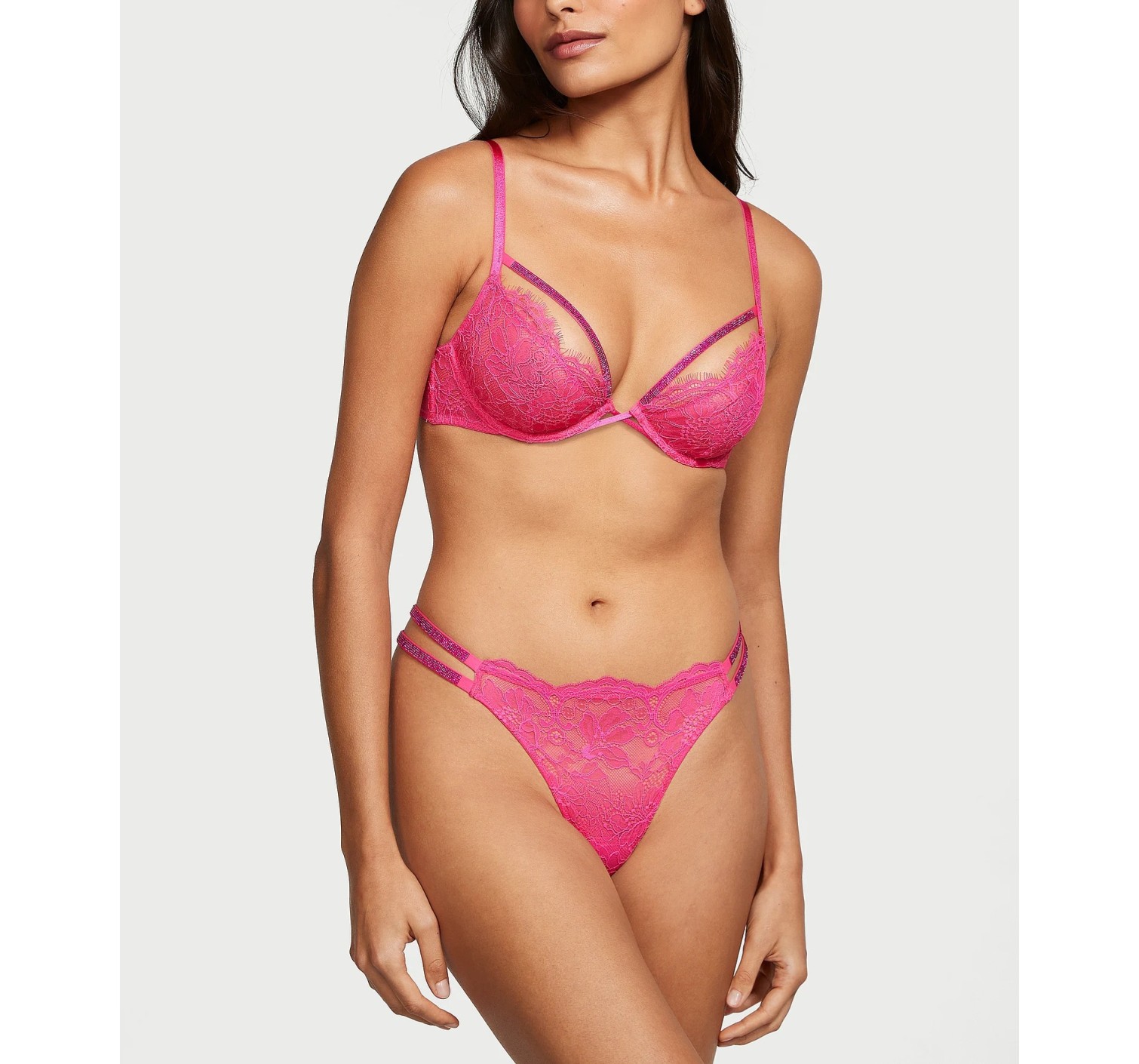 Комплект білизни Shine Strappy Unlined Lace Low-Cut Demi Bra Thong Set Hot Pink  купити недорого в Києві, ціна в Україні — SecretAngeL