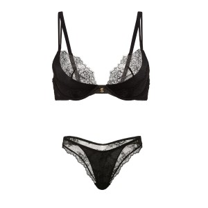 Комплект білизни Envy Low-Cut Push-Up Bra Rose Lace Overlay Thong Panty Black